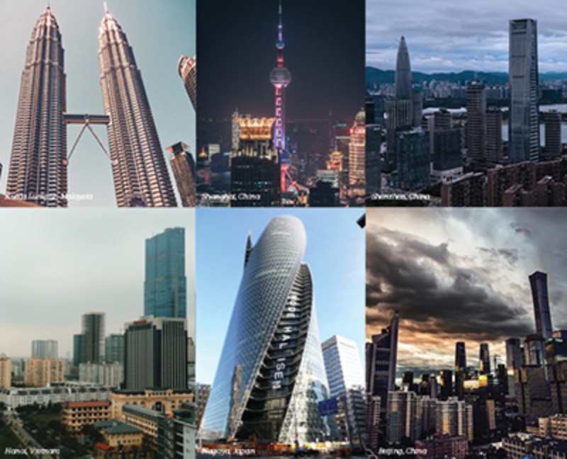 Clockwise from Top Left: Kuala Lumpur, Shanghai, Shenzhen, Beijing, Nagoya, Hanoi.