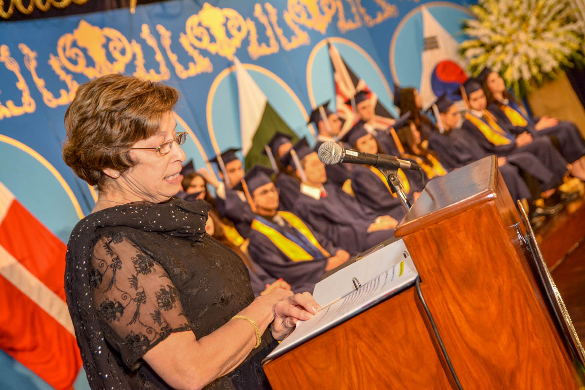 Rose Puffer has served as superintendent of the International School of Islamabad since 2005 and is pictured speaking at last year’s graduation commencement.