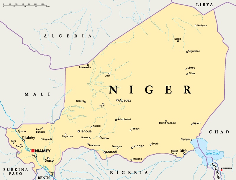Niger shares land borders with Nigeria, Chad, Algeria, Mali, Burkina Faso, Libya, and Benin.