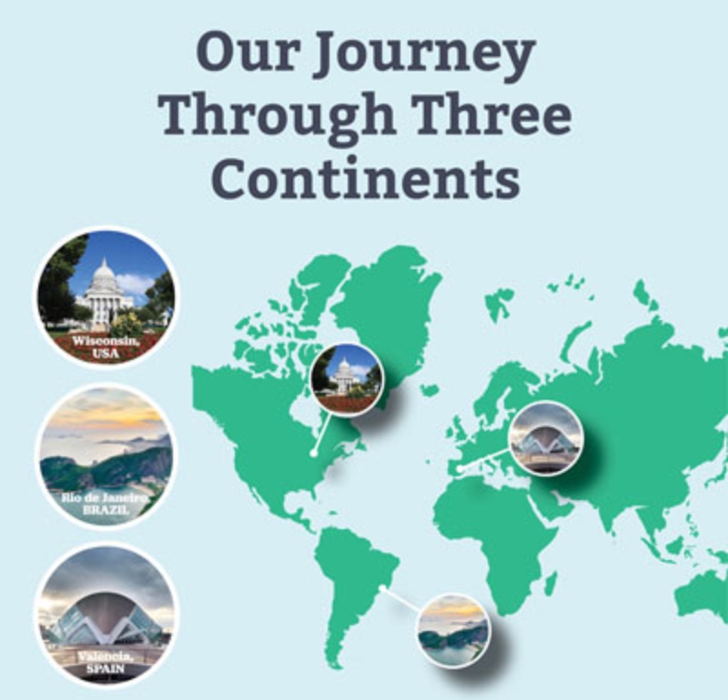 Our journey through three continents: North America, South America, and Europe.