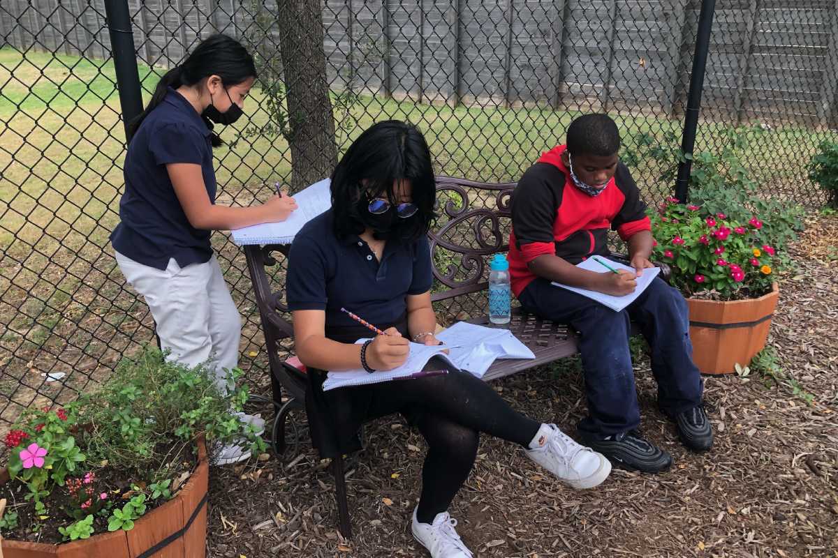 Students writing about their findings in the garden.