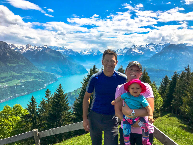 Our family of three in Switzerland, overlooking Lake Lucerne (“Luzern” in German). Pete, Miranda, and daughter Leonora.