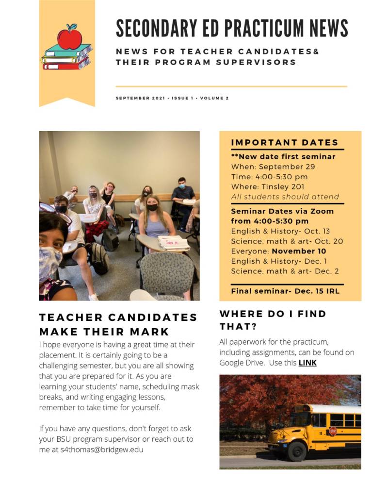 Secondary Ed Practicum newsletter for teacher candidates and program supervisors
