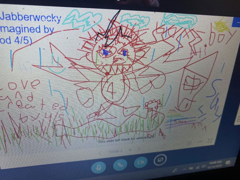 Utilizando pistas de contexto del poema, mi clase este año dibujó un Jabberwocky (muy aterrador).