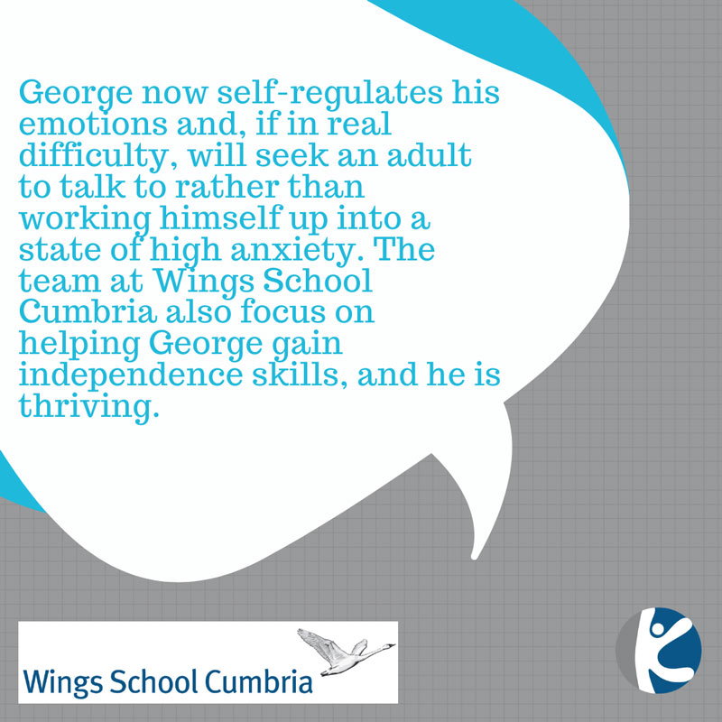 George ahora autorregula sus emociones, y si tiene dificultades reales, buscará un adulto para hablar en lugar de despertarse en un estado de alta ansiedad. El equipo de Wings School Cambria también se enfoca en ayudar a Geroge a adquirir habilidades de independencia, y está prosperando.