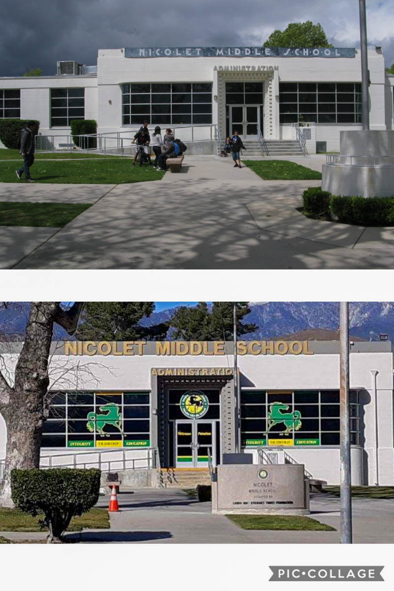 Las fotos del antes y el después del frente de nuestra escuela.