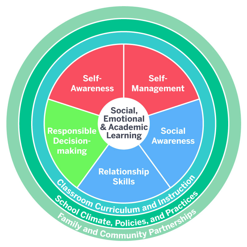 Los principios del aprendizaje social, emocional y académico incluyen la autoconciencia, la autogestión, la toma de decisiones responsable, las habilidades para relacionarse y la conciencia social.